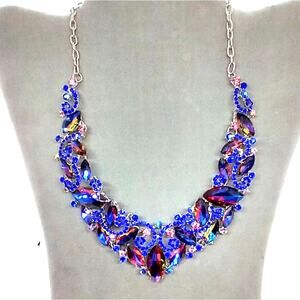 Statement necklace blue and ab blue crystals and rhinestones silver tone